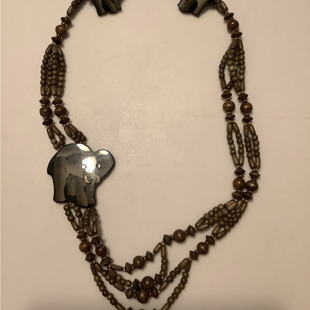 Elephant Necklace w/Wooden Beads & a Large Elephant w/Matching Clip Earrings